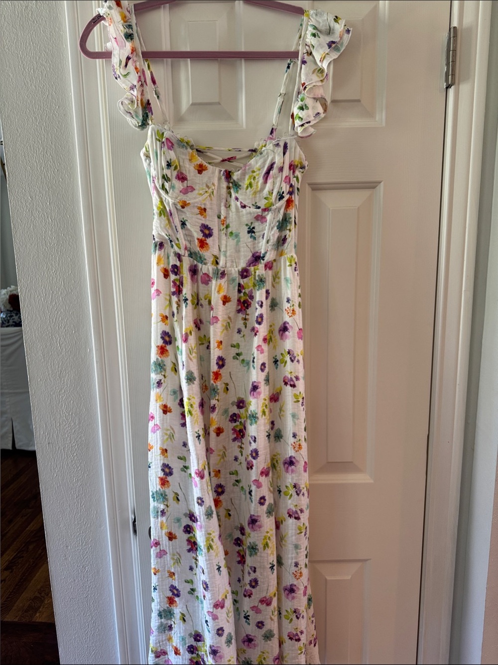 Astr White Floral Maxi Dress with Pink, Purple, Yellow & Green Print XS